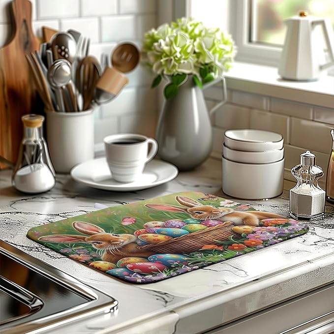 Wnoesat Easter Bunny Eggs Dish Drying Mat for Kitchen Counter 16x18 Inch Spring Easter Rabbit Flowers Drying Mat Microfiber Dish Drainer Rack Mats Absorbent Reversible Dishes Pad Dish Dryer Mat