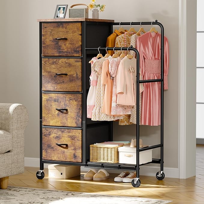 47.3" H Dresser with Hanging Rack, 4 Fabric Drawers with Double Clothes Rack & Wheels, Tall Closet Organizer Dresser for Bedroom, Entryway, Rustic Brown, 15.8" D x 29.9" W x 47.3" H