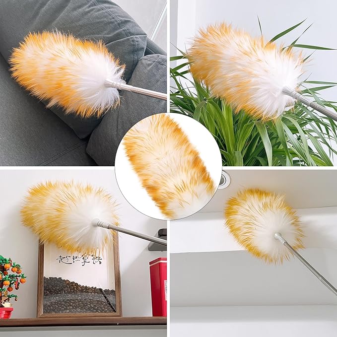 FeelfunFeather Feathers Duster,Long Telescoping Lambswool Dusters with Stainless Steel Extension Pole Up to 87.8" for Cleaning High Ceiling Fan, High Ceilings,Furniture,Hard to Reach Areas
