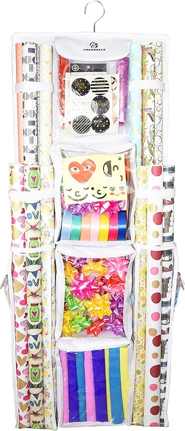 Double Sided Hanging Gift Wrap Organizer | Large 16" x 41" Wrapping Paper Rolls Storage Bag | Tearproof & Space Saving Closet Gift Bag Organization Solution | Sturdy Zippers & Robust Adhesive Strip
