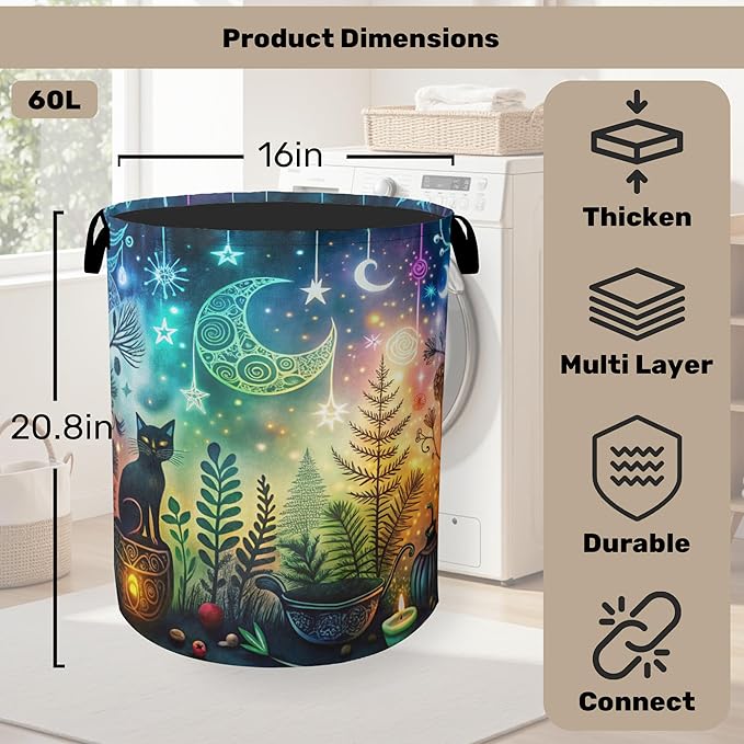 Gothic Black Cat Halloween Laundry Basket - Heavy Duty 60L Dirty Clothes Organizer, Water Resistant Foldable Hamper for Men Women
