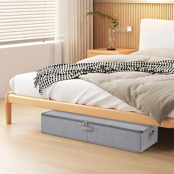 YheenLf Underbed Storage Organizers, 31.5 x 15.7 x 5.9 Inch Container Bags with Lids and Handles, Storage Boxes for Blanket, Pillows, Shoes, Grey, 2 Pack