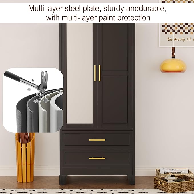 Metal Armoire Wardrobe Closet, 71 "Metal Clothing Storage Cabinet with Mirror and Adjustable Shelves, Household Steel Wardrobe Storage Cabinet with 2 Drawers and Hanging Rod(Armoire-Black)