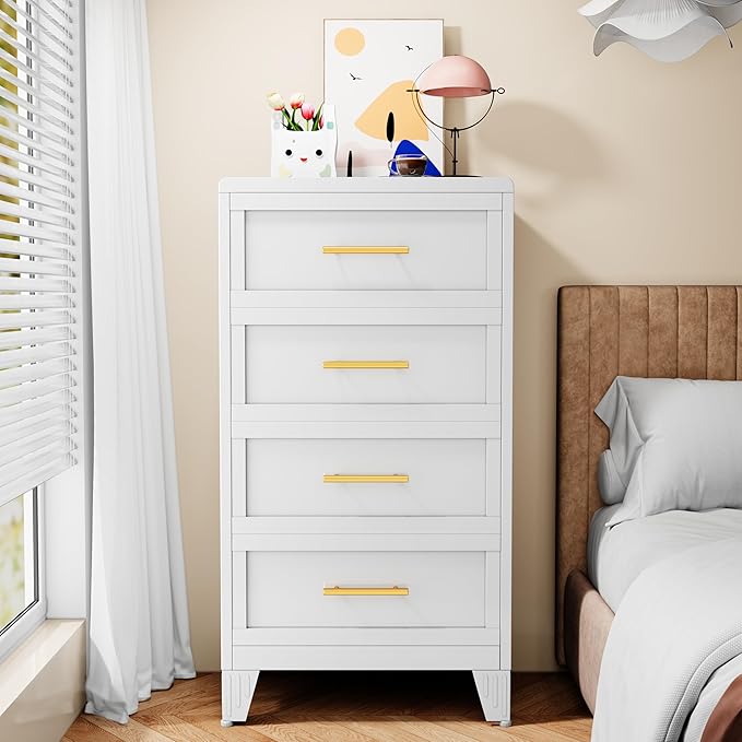 Metal Dresser Tall Narrow Dresser for Bedroom Chest, 44.45" H Drawer Chest, Closet Dressers & Chests of Drawers for Living Room, Hallway (4 Drawers White 24inch Wide)