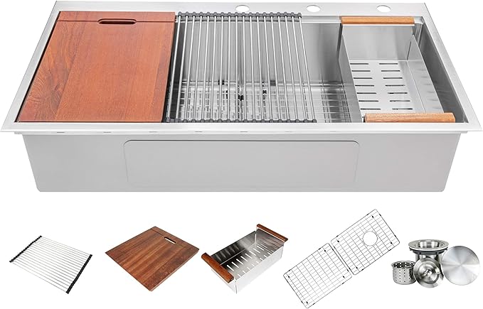 42” x 22” Workstation Topmount/Drop-in Stainless Steel Sink, 16-Gauge Bowl w/Integrated Ledge, 15mm Radius, Accessories Includes Bottom Grid, Dish Rack, Colander, Strainer & Cutting Board