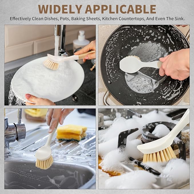 DEBETOOL Dish Brush with Built-in Scraper - 4 Pack Bamboo Dish Scrubber Brush with Handle, Kitchen Brushes for Dishes & Pots, Sink, Eco Cleaning Tool Set