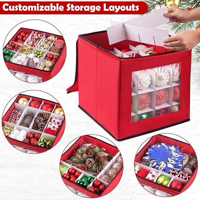 Christmas Ornament Storage Box, Premium Ornaments Organizer with Adjustable Dividers Pockets Clear Window Store Up to 64 Holiday Ornaments Storage Container Bin Zippered for Christmas Decorations Red