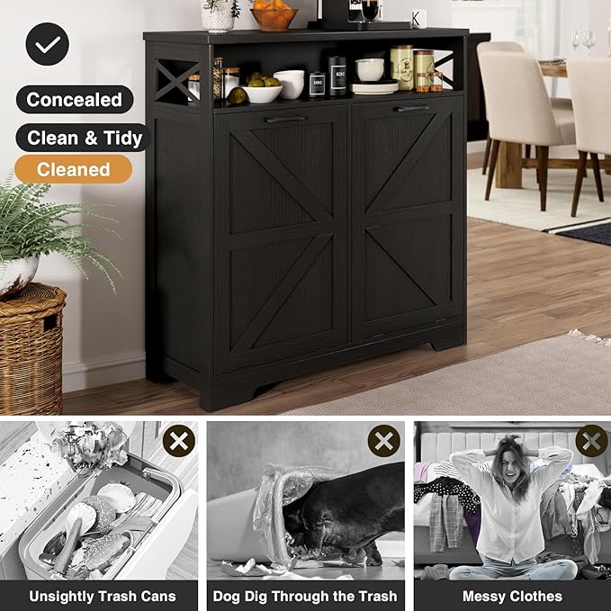 Double Tilt Out Trash Can Cabinet for 13 * 2 Gallon Garbage Can, Farmhouse Kitchen Garbage Trash Bin for Hidden Laundry Basket, Dual Dog Proof Recycling Cabinet for Dining Living Room, Black