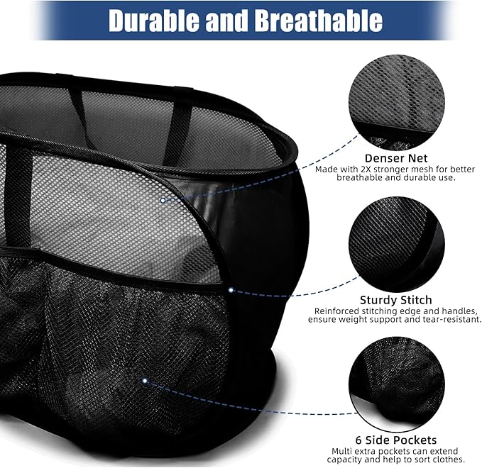 Collapsible Laundry Baskets, Upgrade Pop Up Laundry Hamper with Convenient Bags, Foldable Laundry Basket Mesh Light Weight, Easy to Carry Clothes Hampers for Laundry, Dorm, Toys, Travel Black