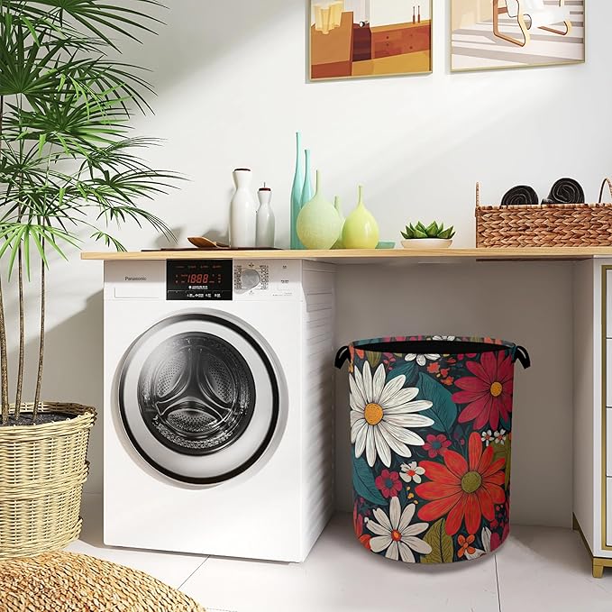 Retro Red Daisy Flowers Laundry Hamper,Dirty Clothes Laundry Basket with Handles Waterproof Oxford Cloth Storage Basket for College Dorms Bathroom Bedroom 16" x 20.8"