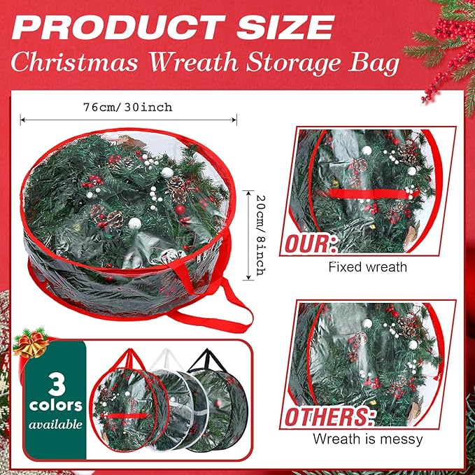 Zhengmy 6 Pcs Clear Christmas Wreath Storage Bag Wreath Storage Container With fixing strap Wreath Storage Box with Handles for Storing Garland Holiday Wreath Wrapping(30 Inches)