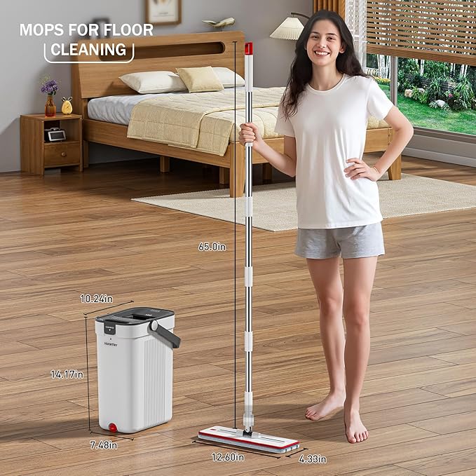 HoMettler Mop and Bucket Set, Flat Mop and Bucket System with Separate Dirty and Clean Water, 3-Compartment Wall Cleaner Mop, Flat Mops for Floor Cleaning with 4 Microfiber Pads