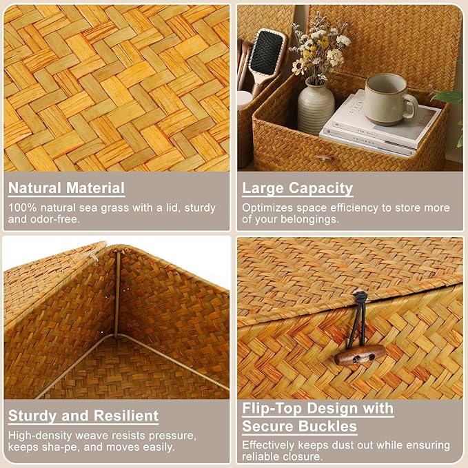 Wicker Shelf Baskets with Lid,Handwoven Seagrass Basket Storage Bins Rectangular Household Basket Boxes for Shelf Wardrobe Desktop Home Organization,Set of 3 Storage Baskets + 5 Storage Bags