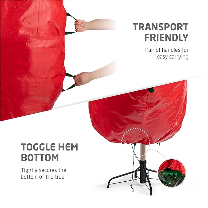 ZOBER Upright Christmas Tree Storage Bag With Drawstring Hem- Fits 7.5 Ft Trees - Plastic, Waterproof Christmas Tree Bag For Storage Box For Xmas - Strong, Durable Handles - Red