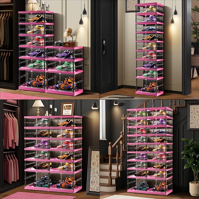 6-Tier Foldable Shoe Rack for Closet Entryway 6-12Pairs, Stackable Clear Shoe Storage Boxes Organizer with Door Plastic Small Shoe Cabinet Bins with Lids Shoes Shelf Easy Assembly（Black-Pink）