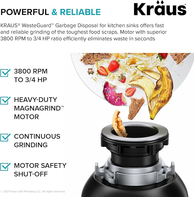 KRAUS Premier 31 1/2-inch Undermount Single Bowl 18-Gauge Stainless Steel Kitchen Sink with WasteGuard Continuous Feed Garbage Disposal, KBU14-100-75MB
