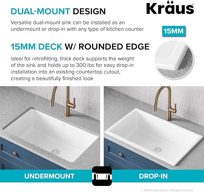KRAUS Turino™ 30” Drop-In Undermount Fireclay Single Bowl Kitchen Sink with Thick Mounting Deck in Gloss White, KFD1-30GWH