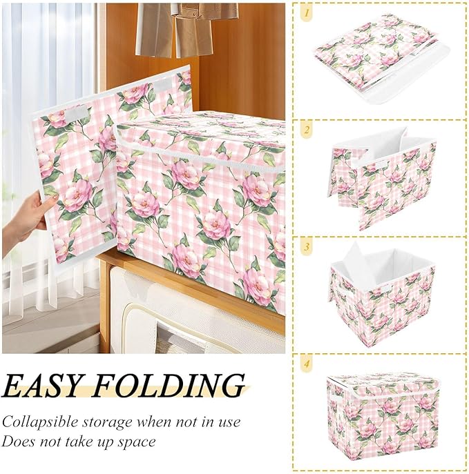 Collapsible Storage Bins with Lids, Pink Rose Flower Floral Buffalo Plaid Checkered Storage Boxes for Organizing