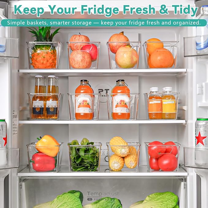 Homaigie 12 Pack Clear Plastic Storage Bins, Multi-Use Pantry Organizer and Storage Containers, Fridge Organizer Bins with Handles for Kitchen, Cabinet, Snack and Refrigerator Organization