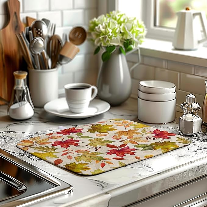 Wnoesat Fall Drying Mat for Kitchen Counter 16 x 18 Inch Maple Leaves Autumn Thanksgiving Harvest Dish Drying Mats Absorbent Microfiber Dish Draining Washable Reversible Dishes Pad