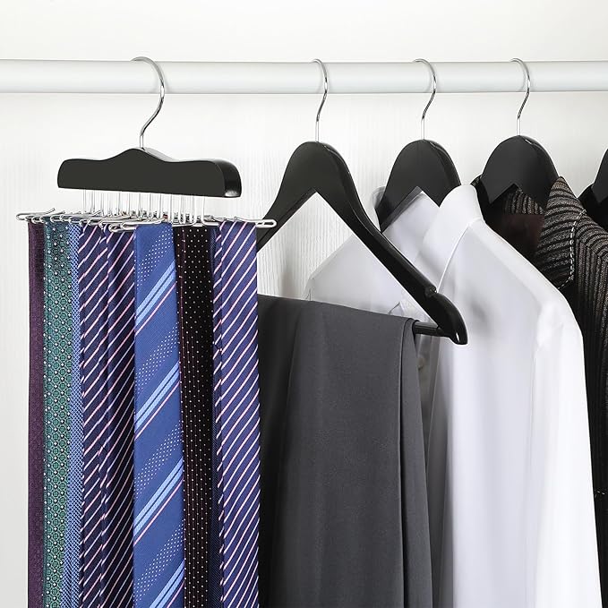 TOPIA HANGER Tie Rack Hanger for Closet, Wooden Tie Organizer for Men with 24 Folding Hooks, Space Saving Necktie Holder for Storage and Display Bra, Tank Top, Camisole (2-Pack), Black- CT14B-2