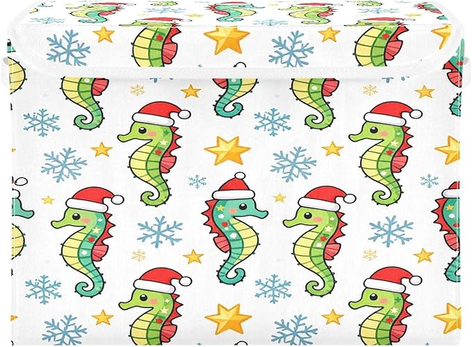 Christmas Seahorse with Santa Hat Storage Bins with Lids Foldable Storage Basket with Handles Collapsible Large Fabric Organizer Containers for Clothes Shelves Closet Office Home