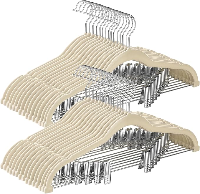 SONGMICS 20-Pack Pants Hangers, 16.7-Inch Long Velvet Hangers with Adjustable Clips, Heavy-Duty, Non-Slip Skirt Hangers, Space-Saving for Pants, Skirts, Coats, Dresses, Sandy Beige UCRF012K20