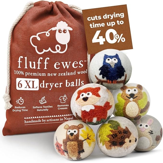 Hustle & Blush Fluff Ewes Wool Dryer Balls 6 Pack - Extra Large Hedgehog and Homies Premium Hand Needled New Zealand Laundry Set, Reduces Drying Time, Static Control, Chemical Free Reusable