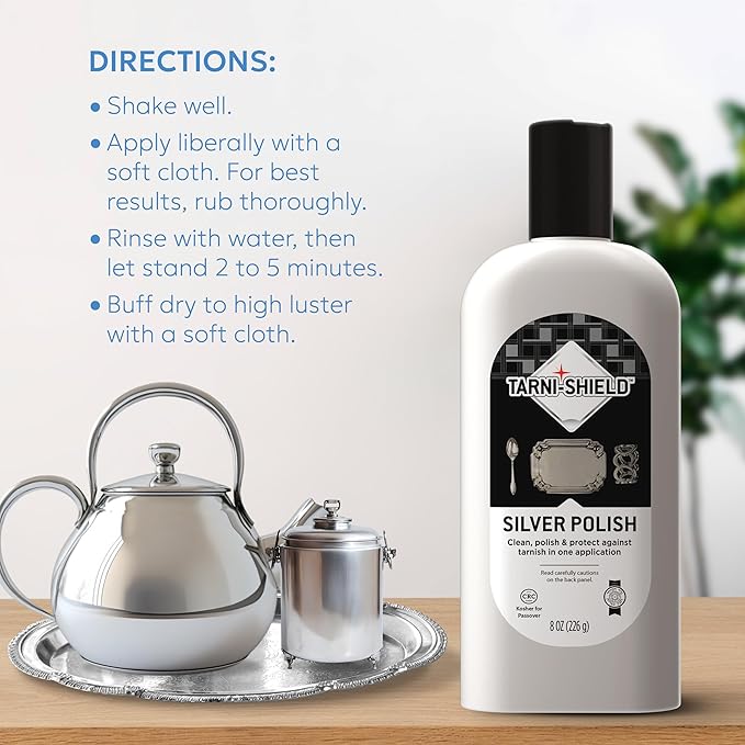 Tarni-Sheild Silver Polish - Clean, Polish, and Protect Against Tarnish - 8 Ounces – Safely Cleans Silver, Copper, Brass, and Other Metals in Just One Application - 6 Pack