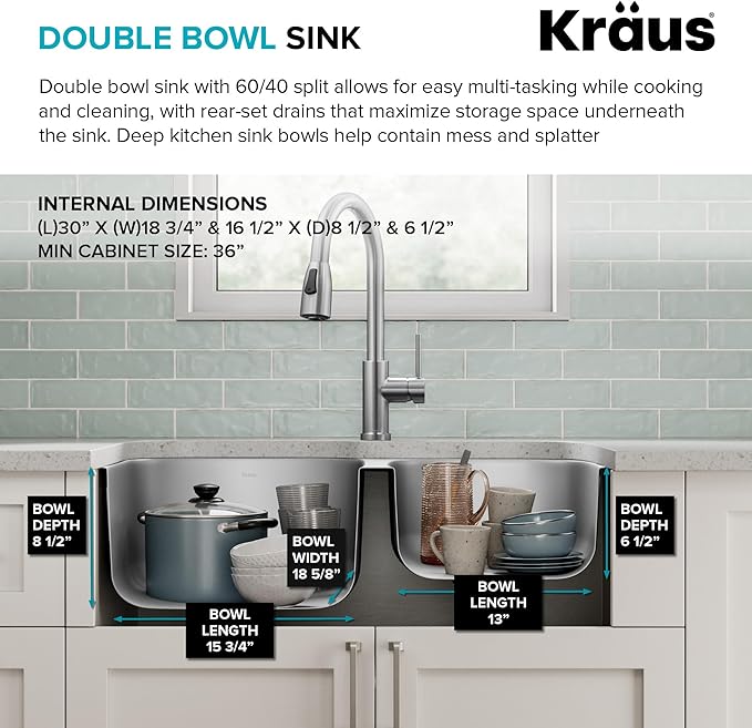KRAUS Premier 32-inch Undermount 60/40 Double Bowl with Low Divider 18-Gauge Stainless Steel Kitchen Sink with Strainers (x2), KBU24