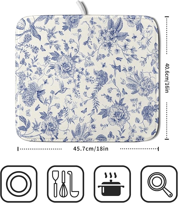 Giwawa Chinoiserie Flower Dish Drying Mat Blue Leaves Dishes Drying Pad Reusable Washable Kitchen Countertop Protector Dish Drainer Mat 16x18 Inch