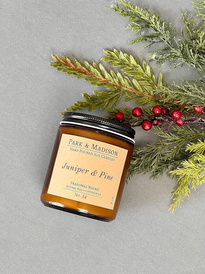 Park & Madison Juniper & Pine Soy Candle - Evergreen, Eucalyptus & Juniper Hand-Poured Soy Wax Candle in Amber Jar | Long-Lasting Floral Scent | Fall Candle for Home & Mother's Day Gift (8 oz)