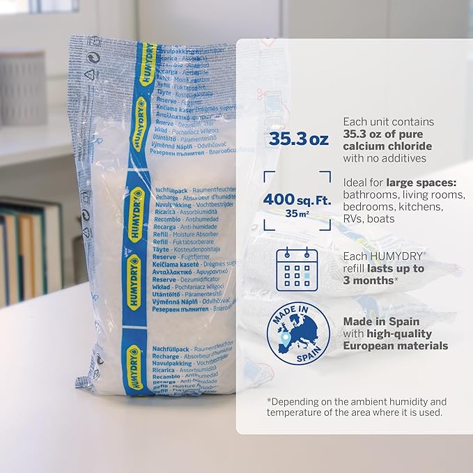 HUMYDRY® Bundle of (3) 35.3oz Pylar Moisture Absorber Refill Pouches, unscented, large room dehumidifier refills for spaces up to 400 sq. ft.