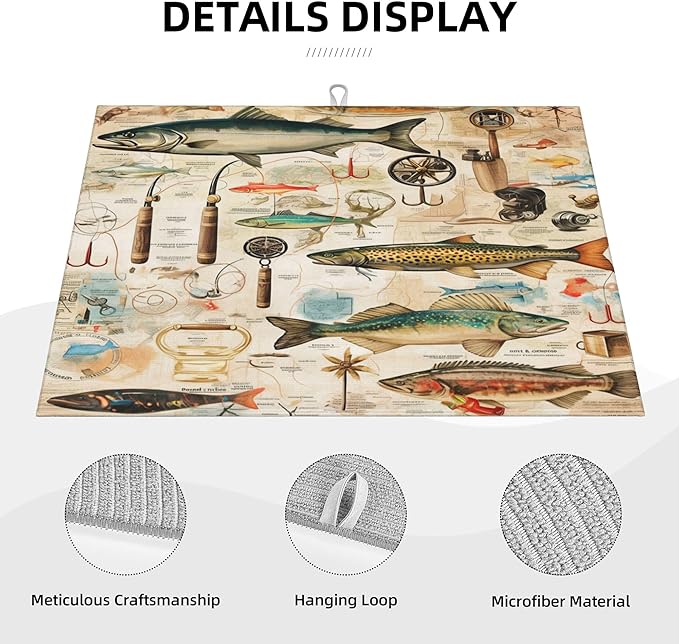 Ocean Fish Dish Drying Mat for Kitchen Counter Microfiber Super Absorbent Non-Slip Dish Drying Pad for Countertops Dishes Utensils Stylish Quick-Dry Machine Washable 18x24 Inch