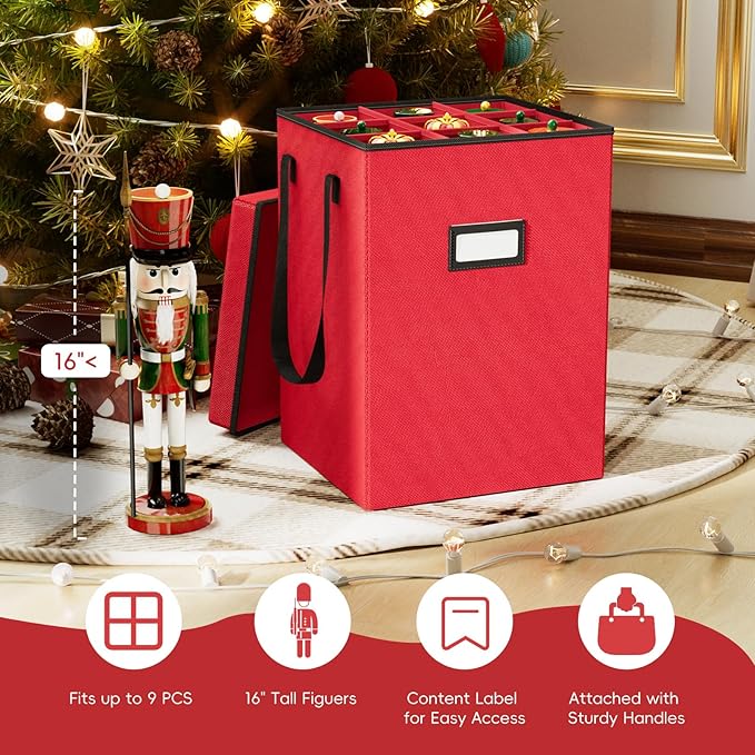 Christmas Nutcracker and Figurine Collectible Storage Box - Stores Up to 9-16" Tall Nutcrackers, Ornaments, and More - Holiday Decor Organizer with Adjustable Dividers - Nutcracker not Included (Red)
