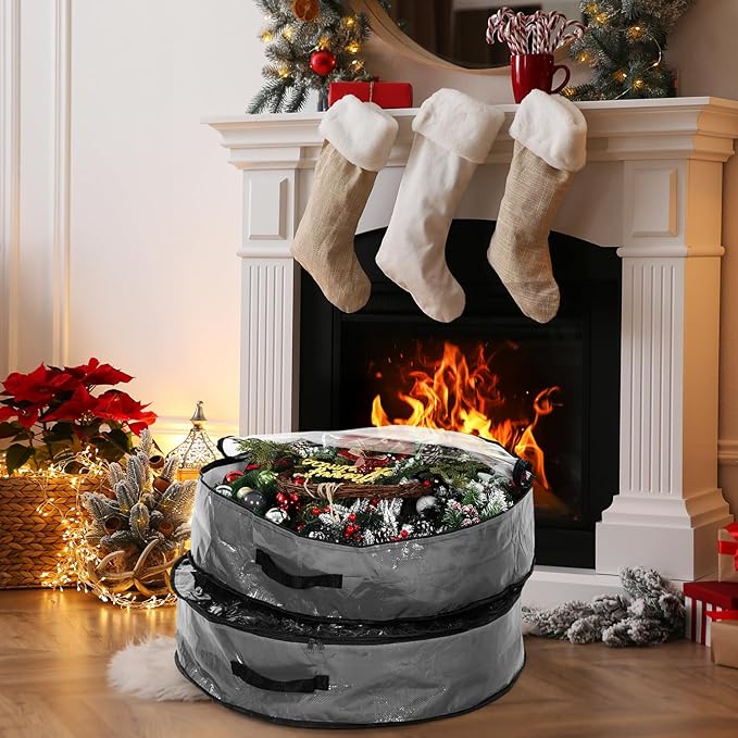 Aliceset 4 Pack Wreath Storage Containers, Christmas Ornament Garland Wreath Storage Bags with Handle Dual Zipper Large Decorative Storages Box for Winter Wreaths(36 x 36 x 7.8 Inch,Gray)