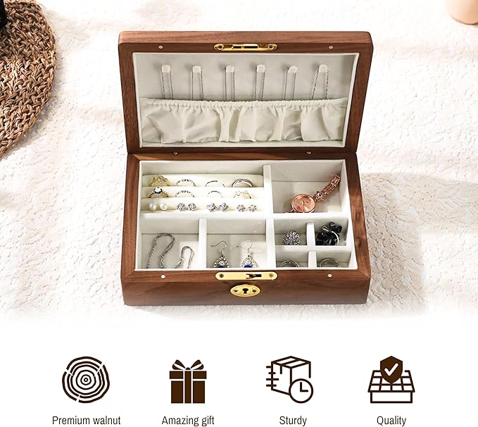 Wooden Jewelry Box for Women, Lockable Medium Size Natural Solid Walnut Wood Vintage Trinket Organizer with Large Storage, Ring Compartments, Built in Necklace Hooks, ek09-m-walnut