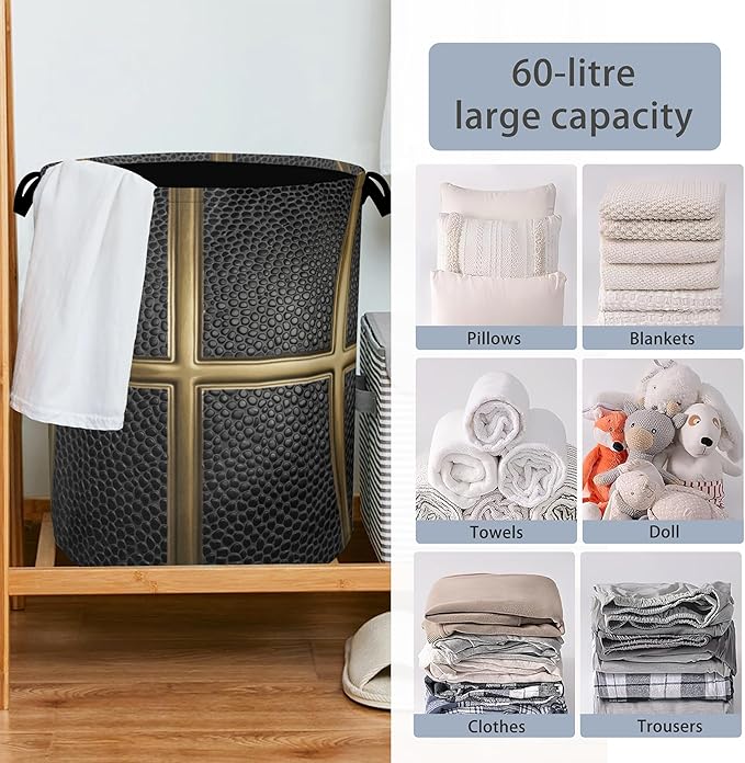 Basketball Gold Laundry Basket,Foldable with Handles Tote Bag Oxford Cloth for Bathroom Bedroom Dirty Clothes Storage Bucket 16" x 20.8"