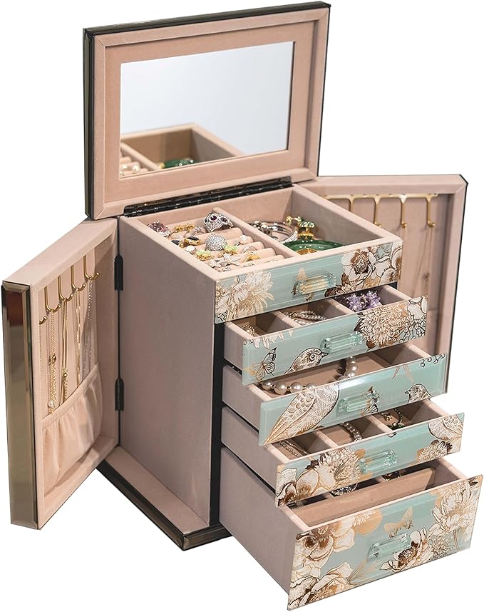 High End Glass Jewelry Box - 5 Layer Jewelry Organizer with 2-Sided Doors and Mirror - Velvet-Lined Organizer For Ring, Necklace, Earring, Bracelet Storage -Valentine's Day Gift For Women