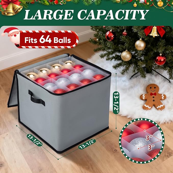 BALEINE Christmas Ornament Storage Box with Dividers, Premium Holiday Ornaments Storage Container Bin for Xmas Decorations (64 Ball, Red, Soft)