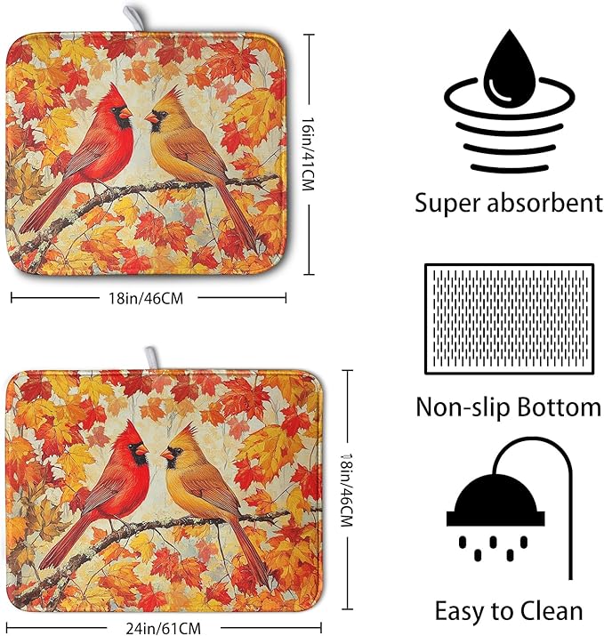Kwlegh Fall Dish Drying Mats for Kitchen Counter Maple Leaf Cardinal Birds Dish Draining Mat 16x18 Inch Autumn Thanksgiving Dish Rack Mat Microfiber Absorbent Dish Drainer Pad
