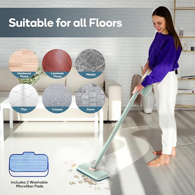 Newbealer Steam Mop & Detachable Handheld Cleaner, 250ml 1200W Powerful Floor Steamer, 3 Adjustable Levels for Carpet Laminate Hardwood Grout, Carpet Glider, 7 Multi-purpose Accessories & 2 Pads