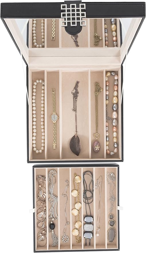Glenor Co 12 Section Necklace Organizer - Large Mirror - 2 Trays - PU Leather - Black - Jewelry Box - Modern Buckle Closure - Fits Necklace & Bracelet - Jewelry Holder for Women Teens & Girls