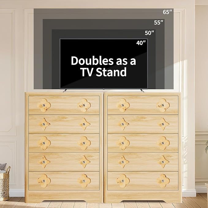Garvee Dresser for Bedroom with 5 Drawers, 45'' Tall Chest of Large Decorative Drawer Front with Large Clothes Storage Cabinet, Wood Bedroom Dresser, TV Stand for Nursery, Living Room, Enterway