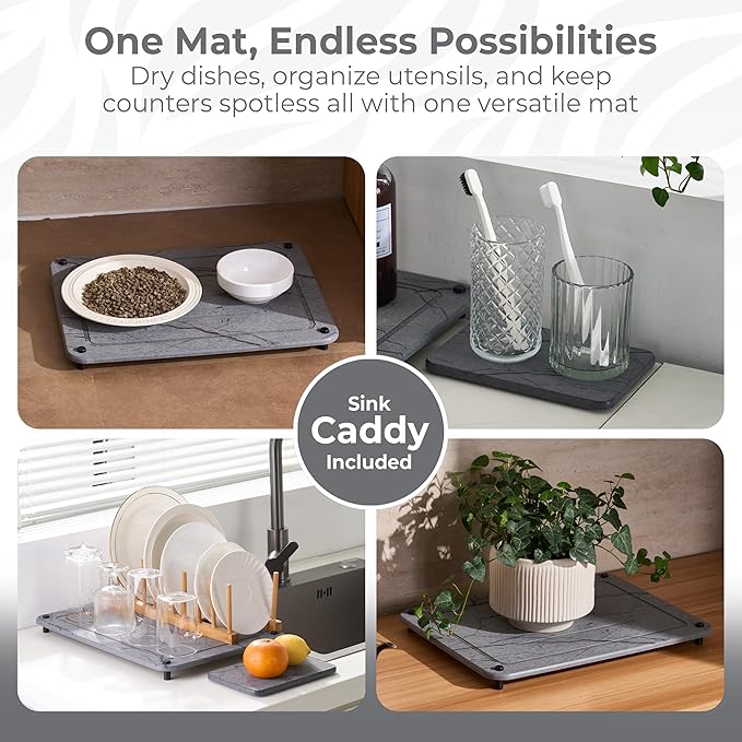 Stone Dish Drying Mat for Kitchen Counter, 2PCS Quick Dry Stone Dishes Mats, Water Absorbing Diatomaceous Earth Drying Pad for Bottles Dish Cups(Dark Gray 15.7"x11.8" & 8"x5")