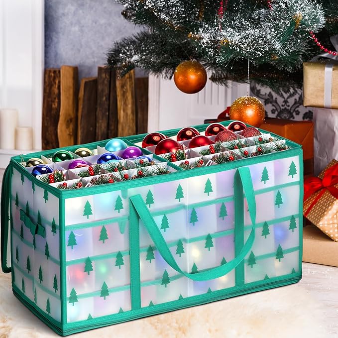 Hosuly 2 Pcs Plastic Christmas Ornaments Storage Box with Dividers, Zippers, 8 Trays,128 Slots, Christmas Storage Containers Xmas Ornaments Organizer for Holiday Balls Ornaments(Christmas Tree)