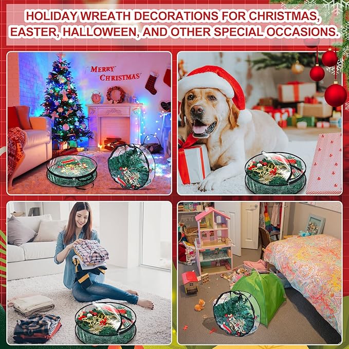Zhengmy 4 Pack 30" 24" Wreath Storage Container Clear Christmas Wreath Storage Bags with Handle and Dual Zipper Plastic Decorative Garland Protector for Xmas Seasonal Holiday(Black)