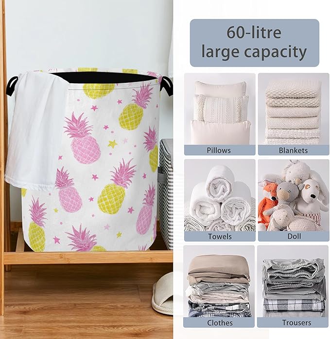 Pineapple Tropical Laundry Hamper,Dirty Clothes Laundry Basket with Handles Waterproof Oxford Cloth Storage Basket for College Dorms Bathroom Bedroom 16" x 20.8"