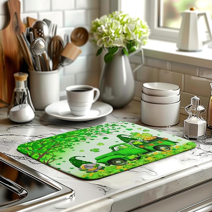 Kwlegh St Patricks Day Shamrock Drying Mat for Kitchen Counter Green Gnome Truck Dishes Drying Mat St. Patricks Day Spring Washable Dish Drying Pad Absorbent Microfiber Dishes Drainer Mats 16x18 Inch