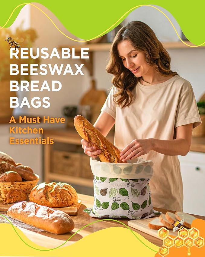 Beeswax Bread Bag for Homemade Sourdough, Sourdough Bread Bags with Zipper, 2 Pack Cotton Large Airtight Food Storage Bags to Keep Fresh | Breathable Material, Freezer Safe, Reusable, Extra-large